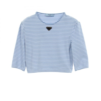 プラダ PRADA 三角プレート ボーダー クロップド 七分袖 カットソー 衣料品 トップス コットン レディース ブルー系 / ホワイト系 39578 【中古】