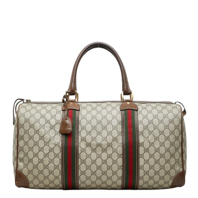 グッチ シェリーライン GGスプリーム ボストンバッグ ベージュ ブラウン PVC レザー レディース GUCCI 中古