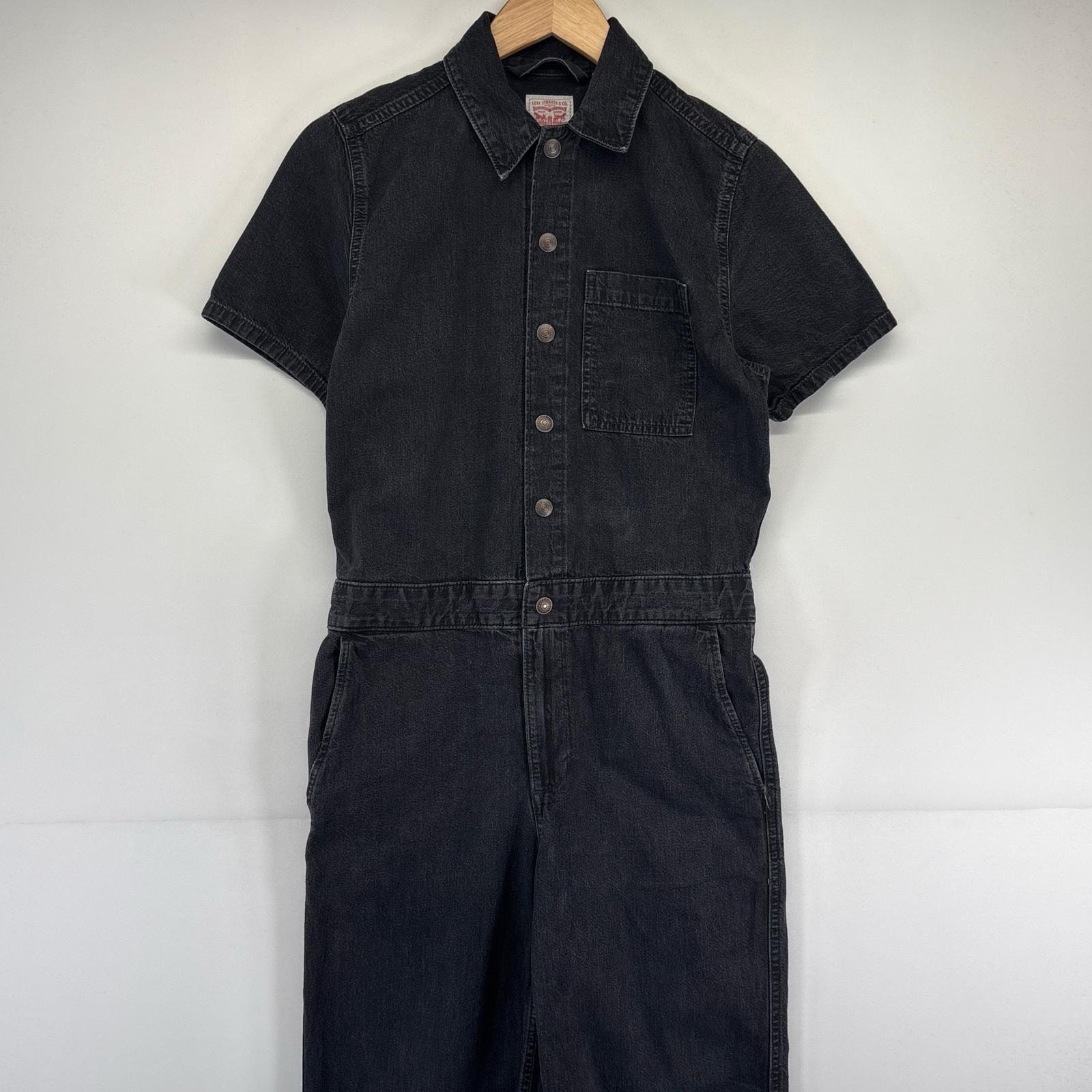 古着 リーバイス Levi's 半袖つなぎ デニム オールインワン ワーク 作業着 ウエストドローコード スナップボタン XS  ブラック レディース