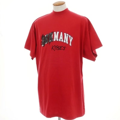 【中古】【未使用】バレンシアガ BALENCIAGA ダメージ加工 コットン モックネック 半袖Tシャツ レッド【サイズ2】【メンズ】