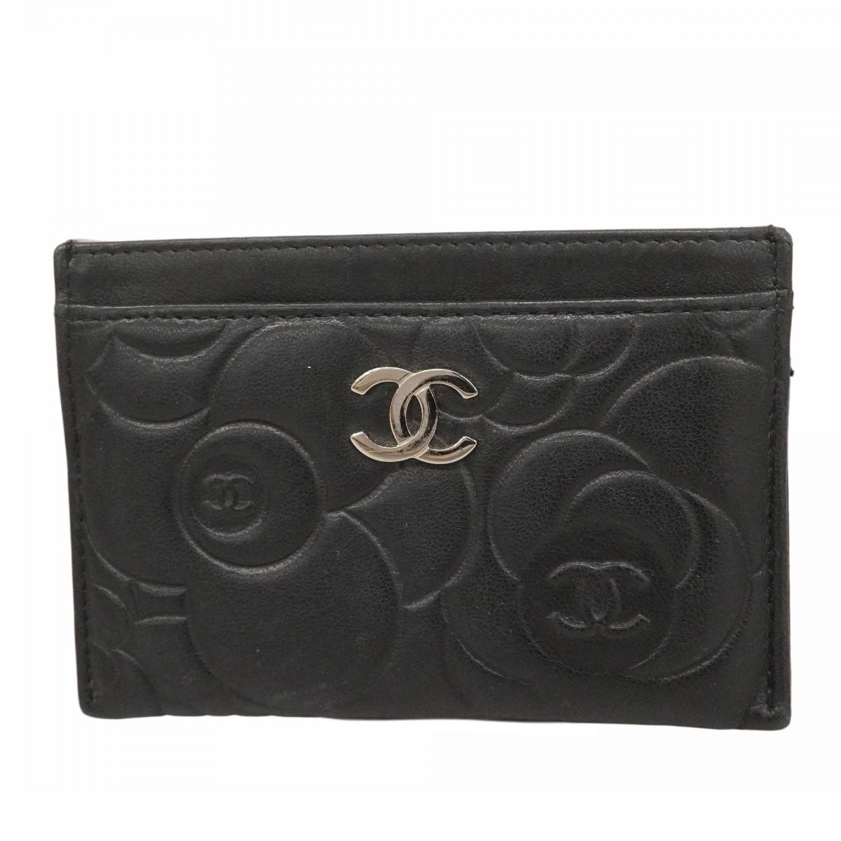【6dd4161-k】シャネル カードケース カメリア ラムスキン ブラック シルバー金具【中古】レディース