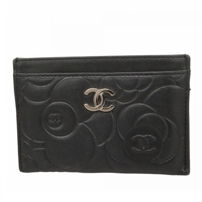【6dd4161-k】シャネル カードケース カメリア ラムスキン ブラック シルバー金具【中古】レディース