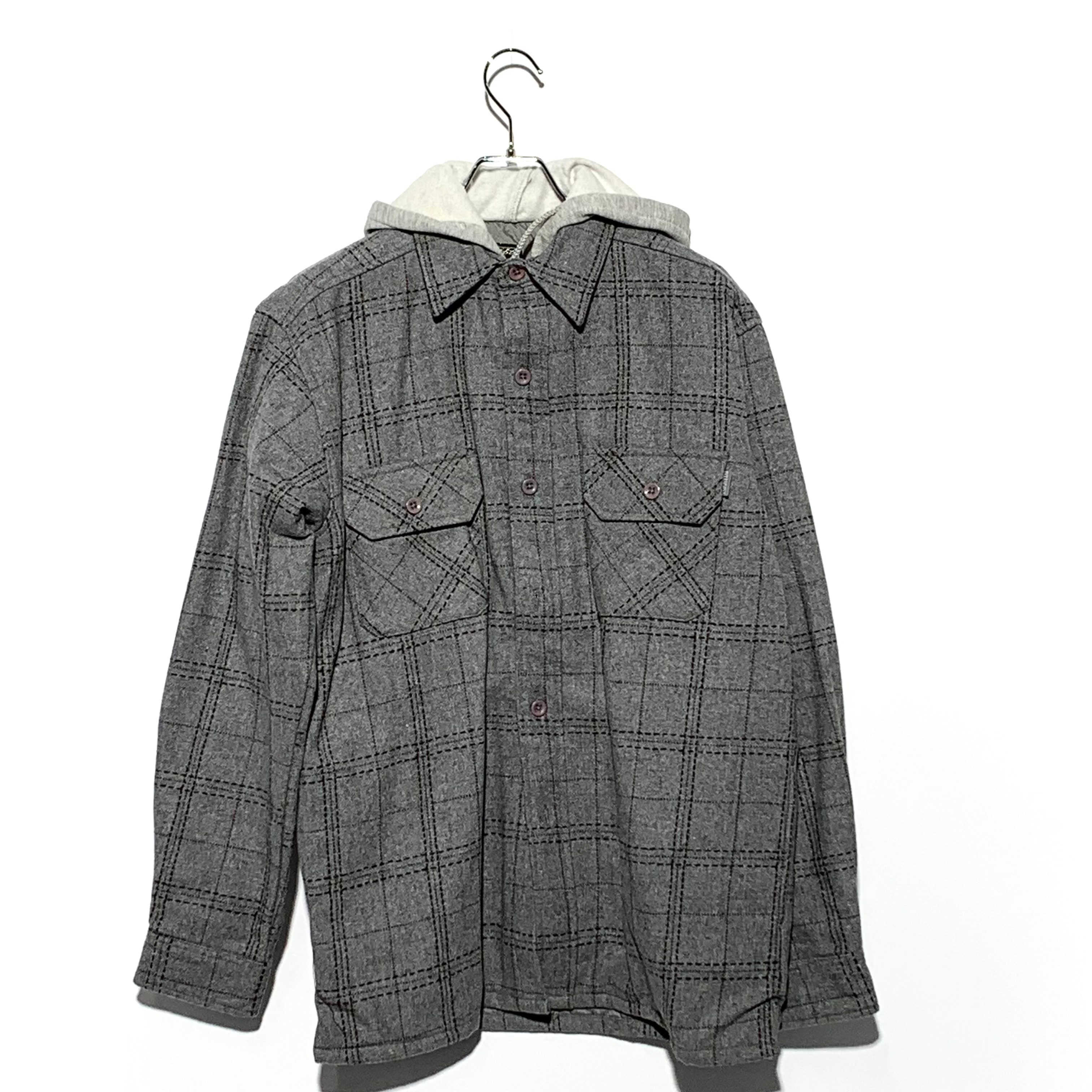 STUSSY Plaid Shirt Layered Hoodie Grey