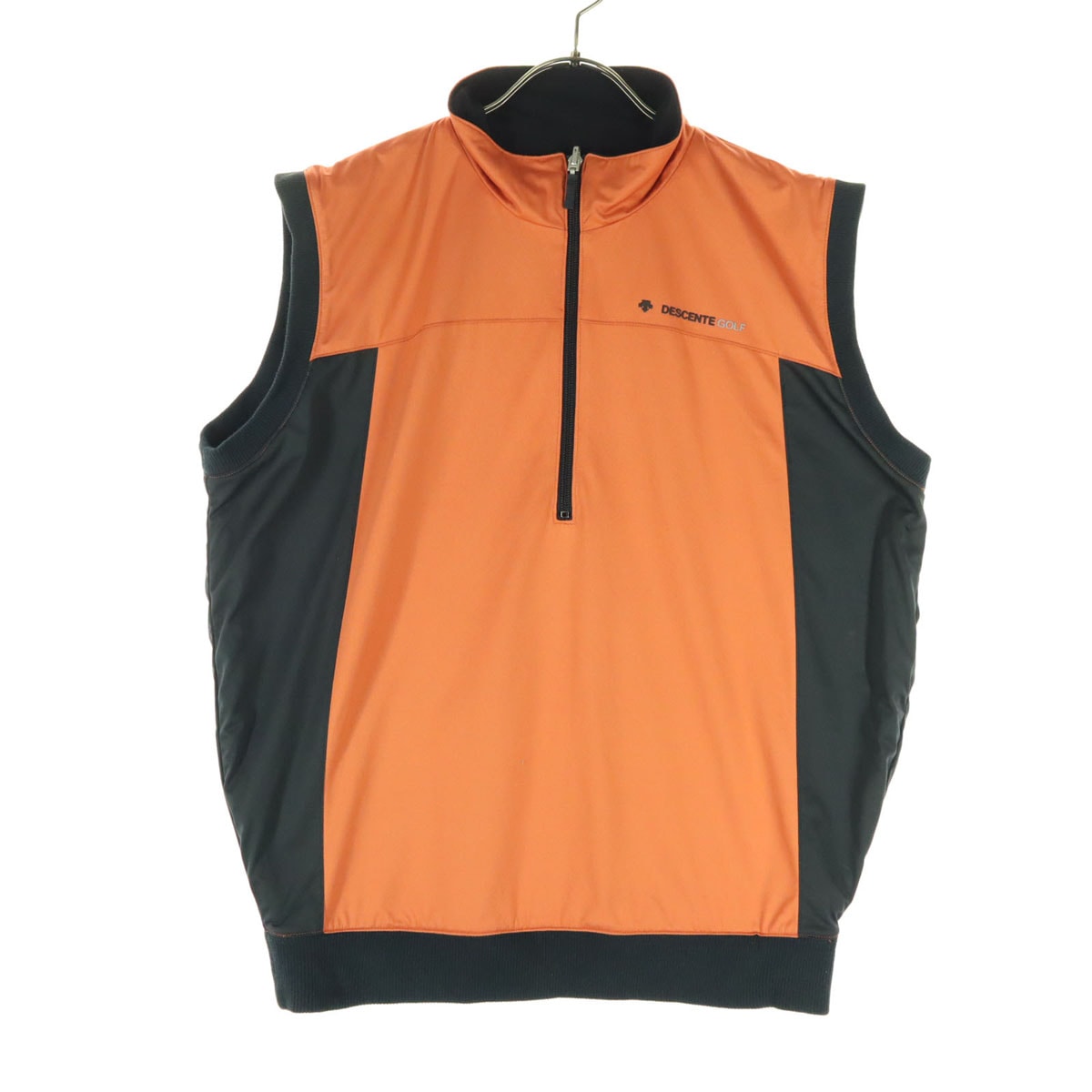美品 DESCENTE デサント ロゴプリント ゴルフ 裏起毛 ハーフジップ ベスト M オレンジ リバーシブル