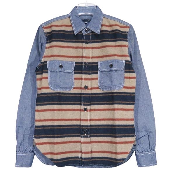 COMME des GARCONS HOMME コムデギャルソン オム フロントボーダー切替 シャンブレーロングスリーブシャツ HL-B045 AD2013 長袖 サイズXS