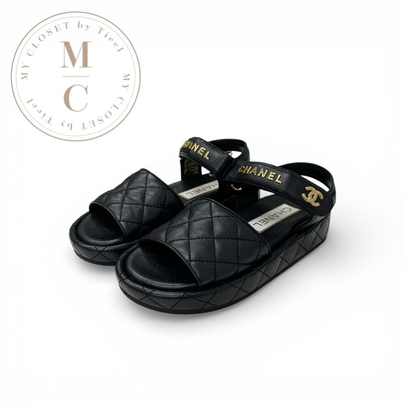 シャネル CHANEL サンダル 靴 シューズ レザー ブラック 黒 ゴールド ココマーク ロゴ マトラッセ ベルクロ ストラップ