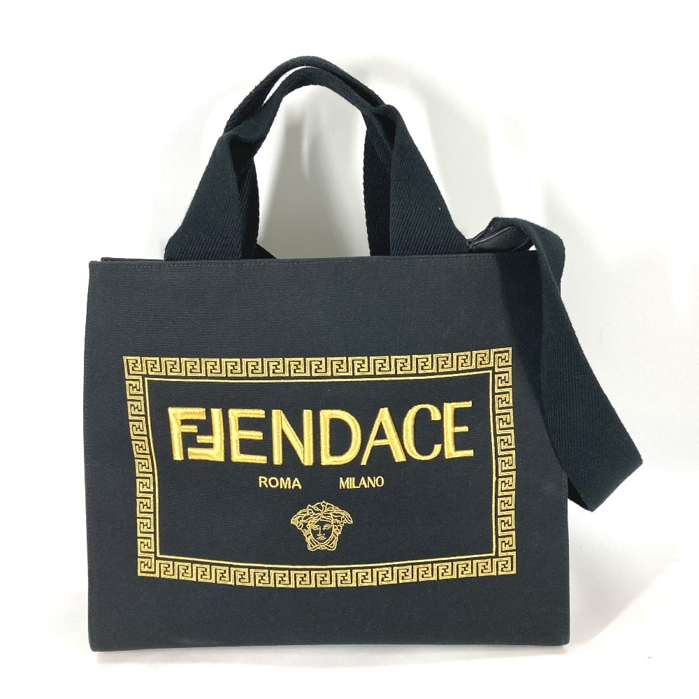 フェンディ FENDI FENDACE フェンダーチェ 8BH395 VERSACE コラボ 2WAY トートバッグ 斜め掛け カバン ショルダーバッグ キャンバス ブラック 美品