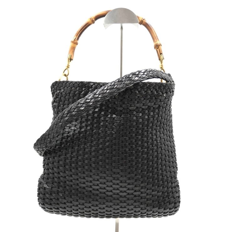 GUCCI(グッチ)バンブー イントレチャート ヴィンテージ 2WAY ショルダーバッグ ハンドバッグ ブラック レザー ゴールド金具 レディース 【中古】