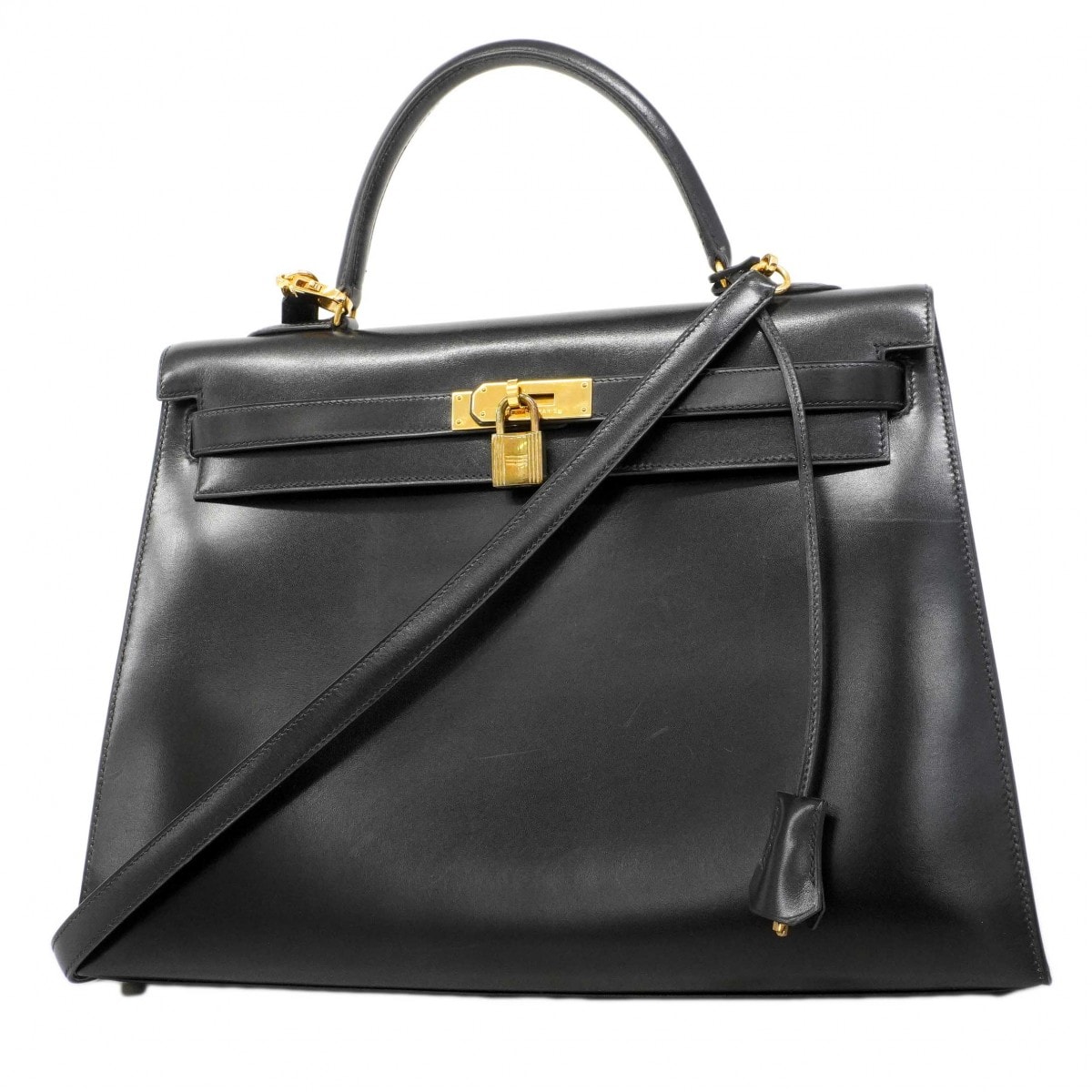 【6dd4553】エルメス ハンドバッグ ケリー35 ボックスカーフ ブラック ゴールド金具 〇U刻印【中古】レディース