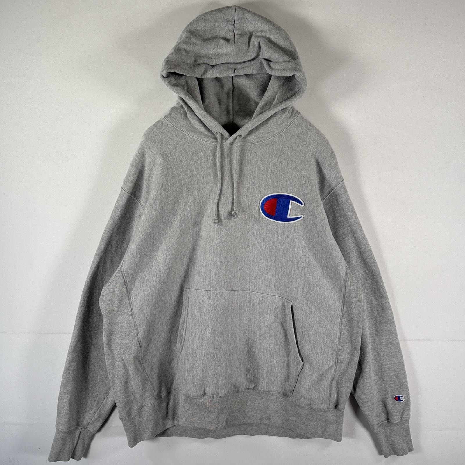 古着 チャンピオン Champion パーカー リバースウィーブ スウェット 大きいサイズ プルオーバー ビッグロゴ ワッペン XL  グレー メンズ