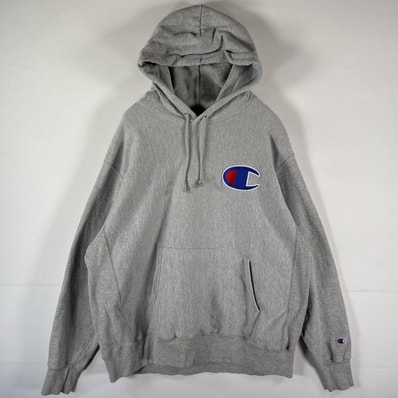 古着 チャンピオン Champion パーカー リバースウィーブ スウェット 大きいサイズ プルオーバー ビッグロゴ ワッペン XL グレー メンズ