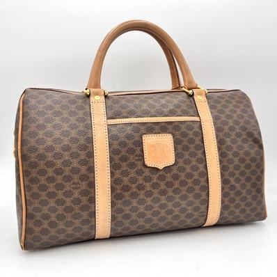 CELINE(セリーヌ)マカダム ボストンバッグ ヴィンテージ ハンドバッグ ブラウン PVC レザー ゴールド金具 レディース【中古】