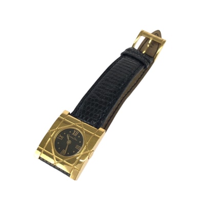 美品 Dior ディオール ヴィンテージ カナージュ クールカレ ブラック 黒 ゴールド金具 ステンレススチール レザー/ 腕時計 クオーツ ブラック文字盤 602983 【中古】