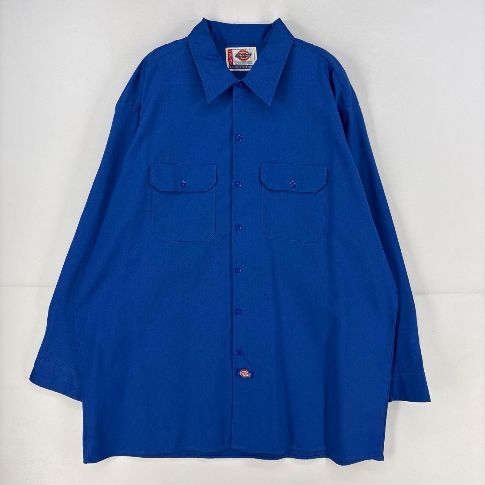古着 ディッキーズ Dickies 長袖シャツ ワンポイント 胸ポケット ワーク 大きいサイズ 作業着 2XL  ブルー メンズ