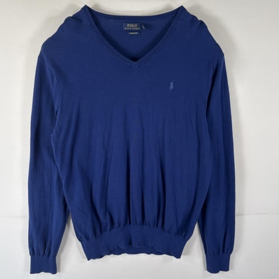古着 ポロ・ラルフローレン POLO RALPH LAUREN コットンニットセーター Vネック ワンポイントロゴ刺繍 大きいサイズ L ブルー メンズ