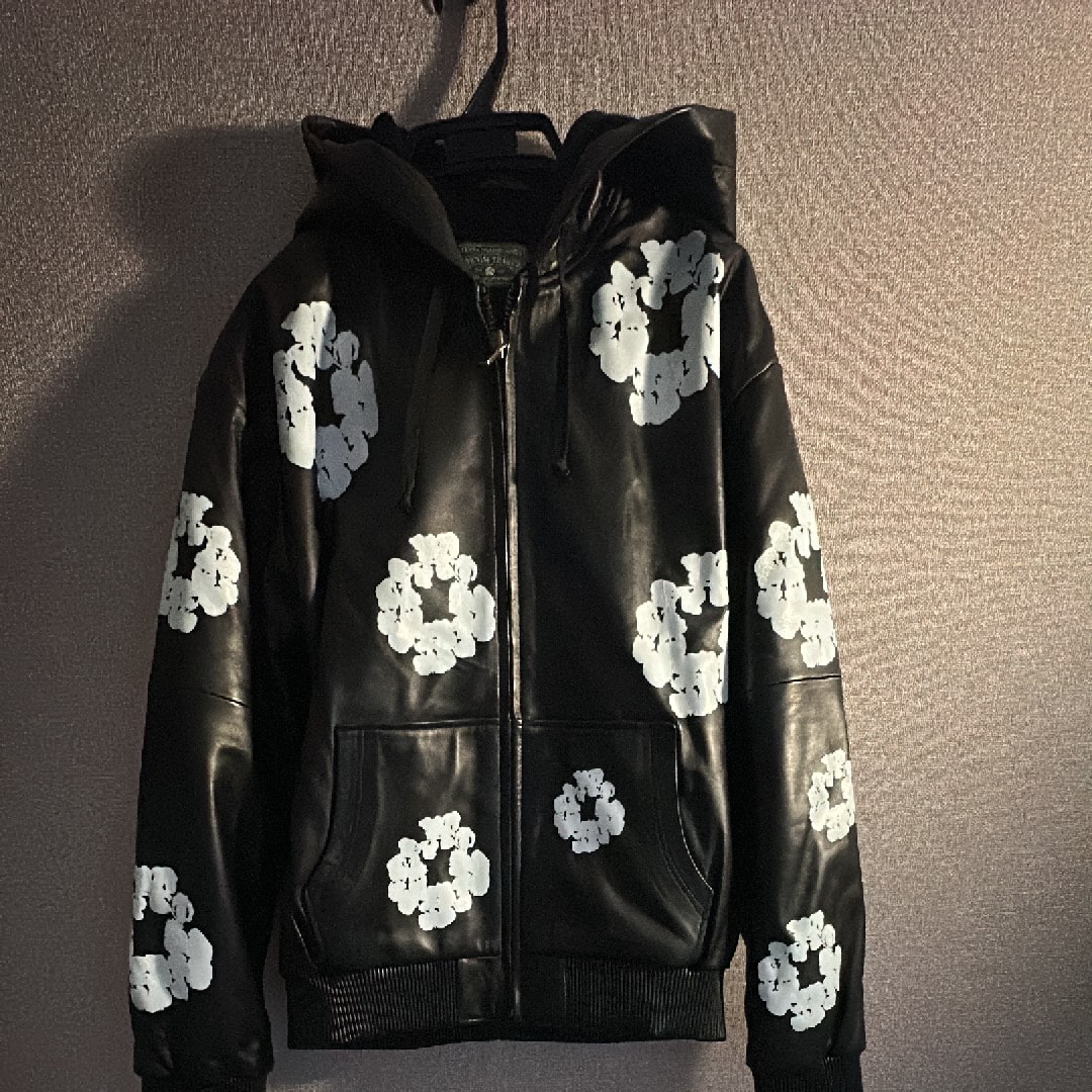 Leather Cotton Wreath Zip Hoodie Black