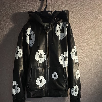 Leather Cotton Wreath Zip Hoodie Black