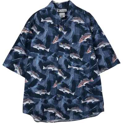 古着 00年代 コロンビア Columbia 総柄 魚柄 半袖 ボタンダウンシャツ メンズL相当/eaa477678