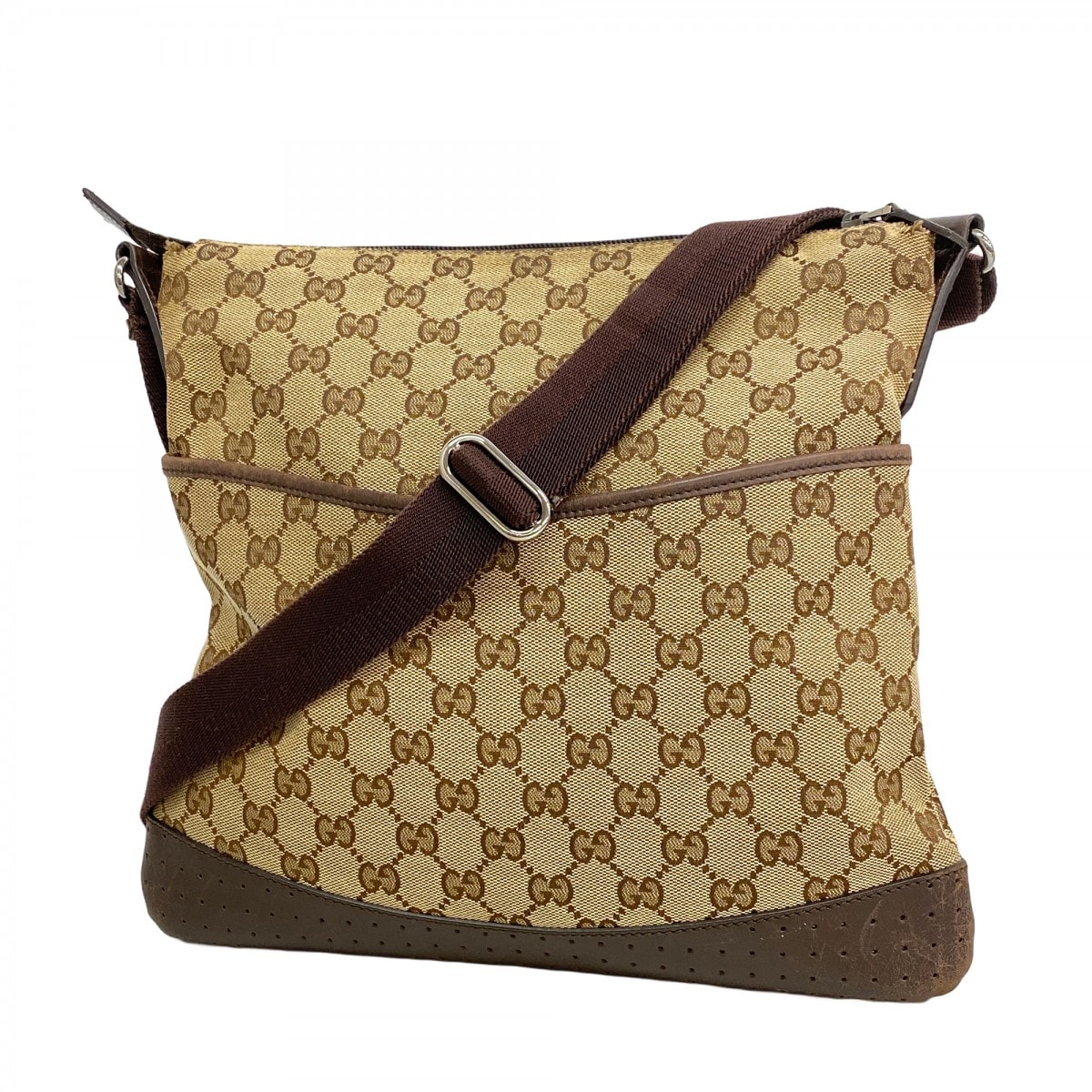 【6da0623】グッチ ショルダーバッグ GGキャンバス 145857 キャンバス ブラウン シルバー金具【中古】レディース