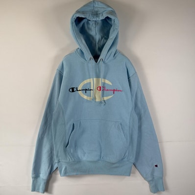 古着 チャンピオン Champion パーカー リバースウィーブ 復刻 マフポケット フード紐 ロゴデザイン ワンポイントロゴ SMALL 水色 メンズ