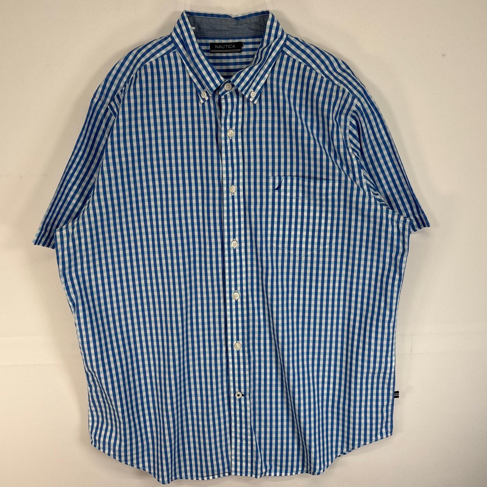 古着 ノーティカ NAUTICA 半袖シャツ ロゴ 刺繍 チェック 胸ポケ L  ブルー系 マルチカラー メンズ