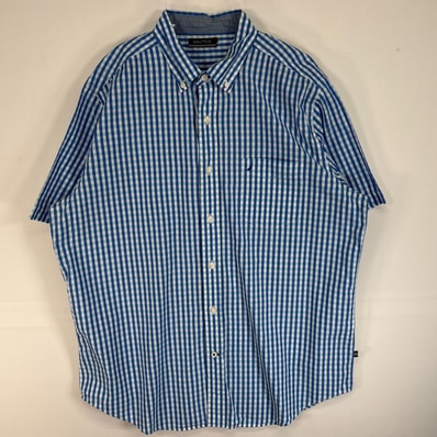 古着 ノーティカ NAUTICA 半袖シャツ ロゴ 刺繍 チェック 胸ポケ L ブルー系 マルチカラー メンズ