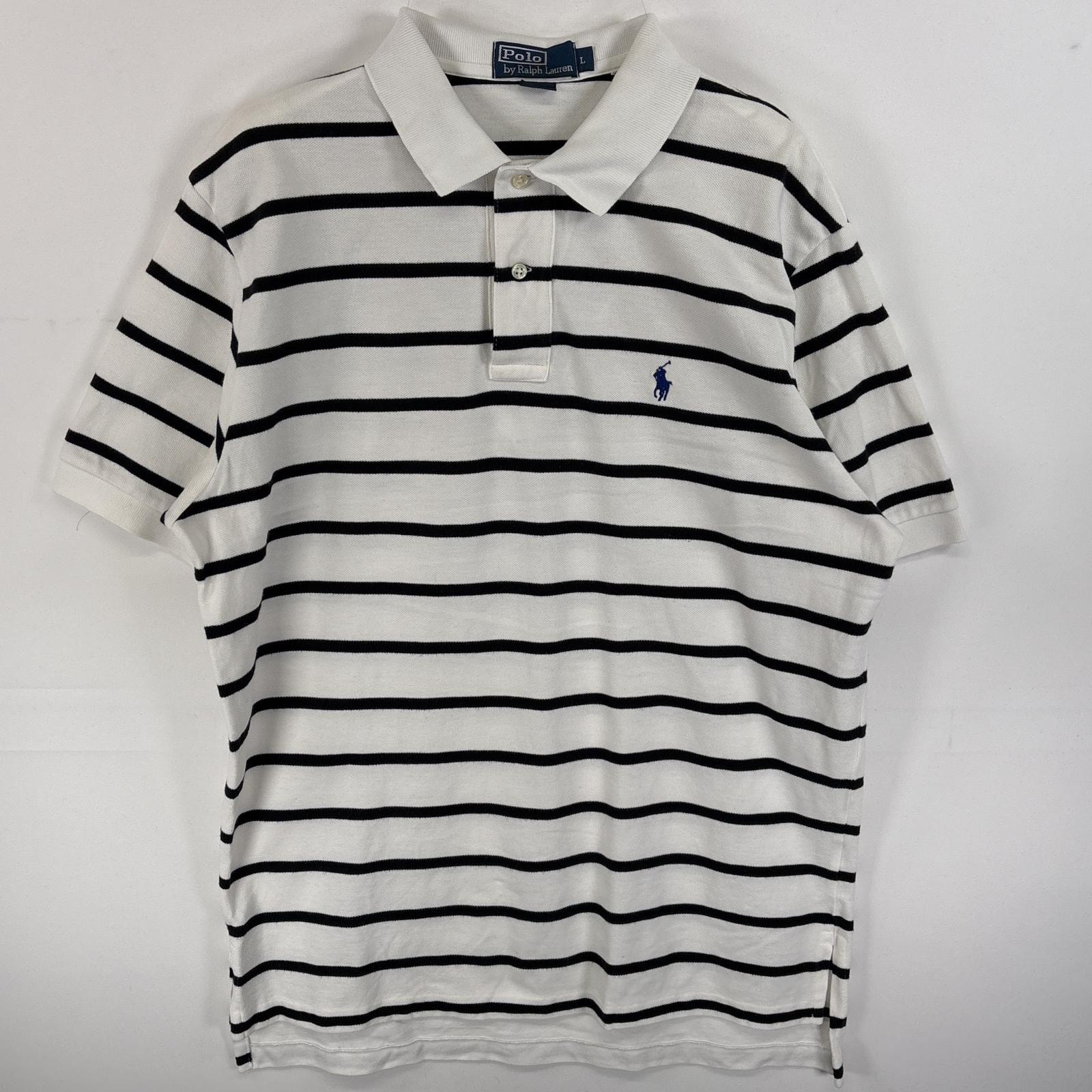 古着 90's/90年代 ポロバイラルフローレン Polo by Ralph Lauren ポロシャツ ワンポイント ロゴ 刺繍 2ボタン スリット L  ホワイト系 ボーダー メンズ