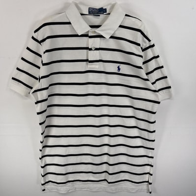 古着 90's/90年代 ポロバイラルフローレン Polo by Ralph Lauren ポロシャツ ワンポイント ロゴ 刺繍 2ボタン スリット L ホワイト系 ボーダー メンズ