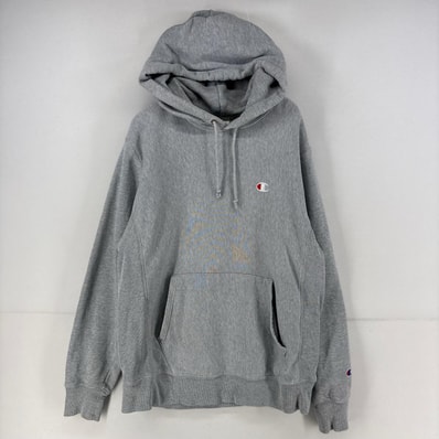 古着 チャンピオン Champion パーカー ワンポイント リバースウィーブ ロゴ スウェット 刺繍 M グレー メンズ