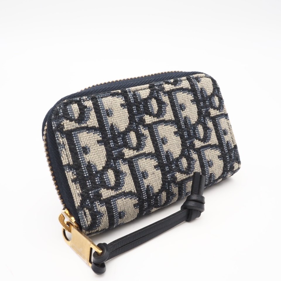 美品 Christian Dior クリスチャンディオール ディオール オブリーク ジャカード ジップコインケース コインケース ネイビー グレー キャンバス レザー レディース