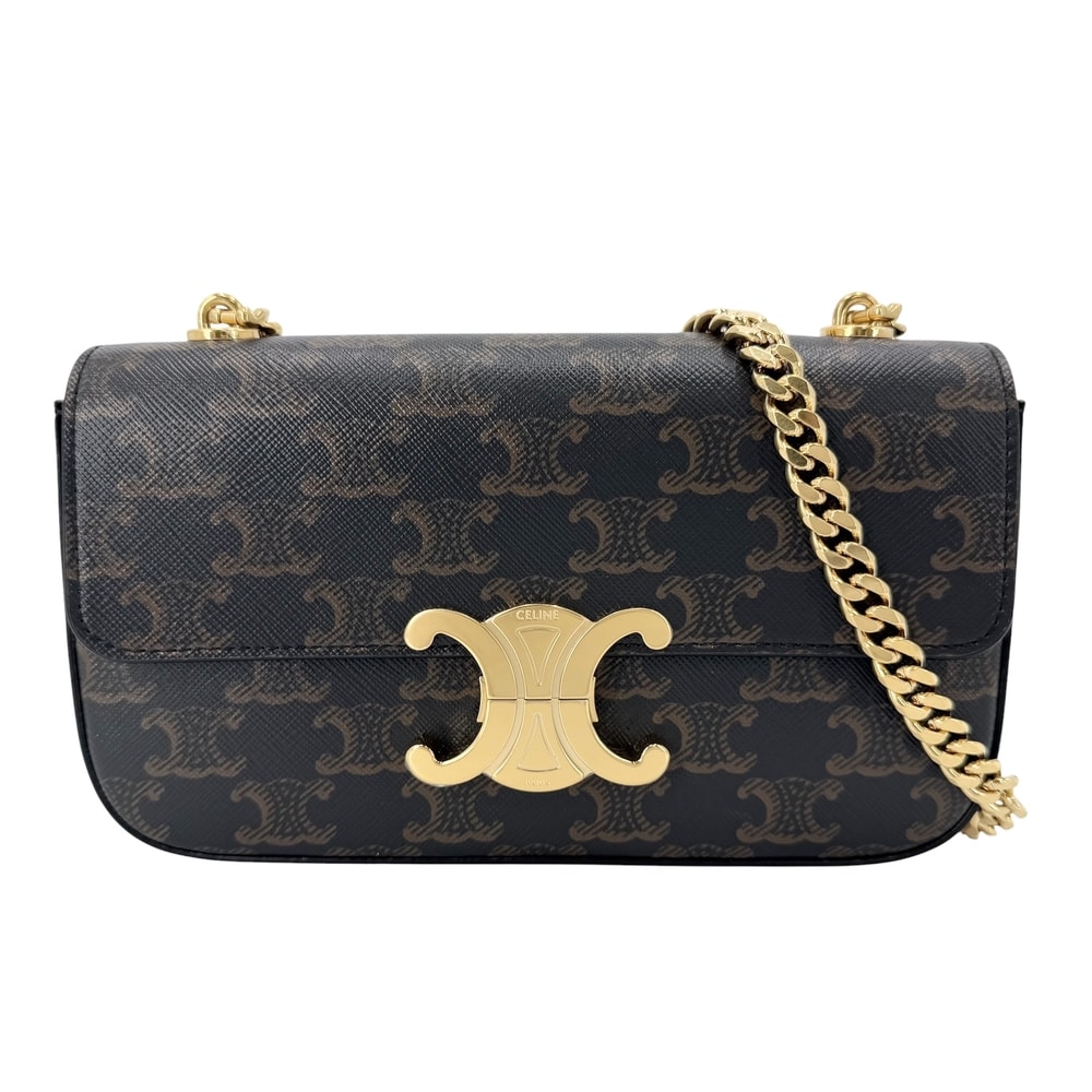 CELINE セリーヌ ショルダーバッグ トリオンフ チェーン ミニバッグ 肩掛け PVCコーティングキャンバス レザー ブラウン 茶 ゴールド金具 レディース 美品【中古品】