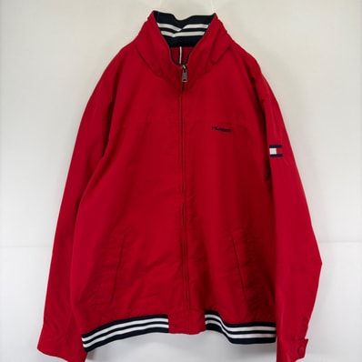 古着 トミーヒルフィガー TOMMY HILFIGER ジャケット ナイロン ロゴ 刺繍 メッシュライナー 大きいサイズ フルジップ 2XL レッド メンズ