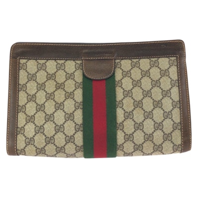 美品 GUCCI グッチ ヴィンテージ オールドグッチ シェリーライン ベージュ ブラウン GGスプリームキャンバス レザー/ クラッチバッグ セカンドバッグ 602558 【中古】