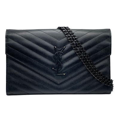 SAINT LAURENT PARIS サンローランパリ モノグラム チェーンウォレット Vステッチ ウォレットチェーン 377828 レザー ブラック ブラック金具 レディース【中古】