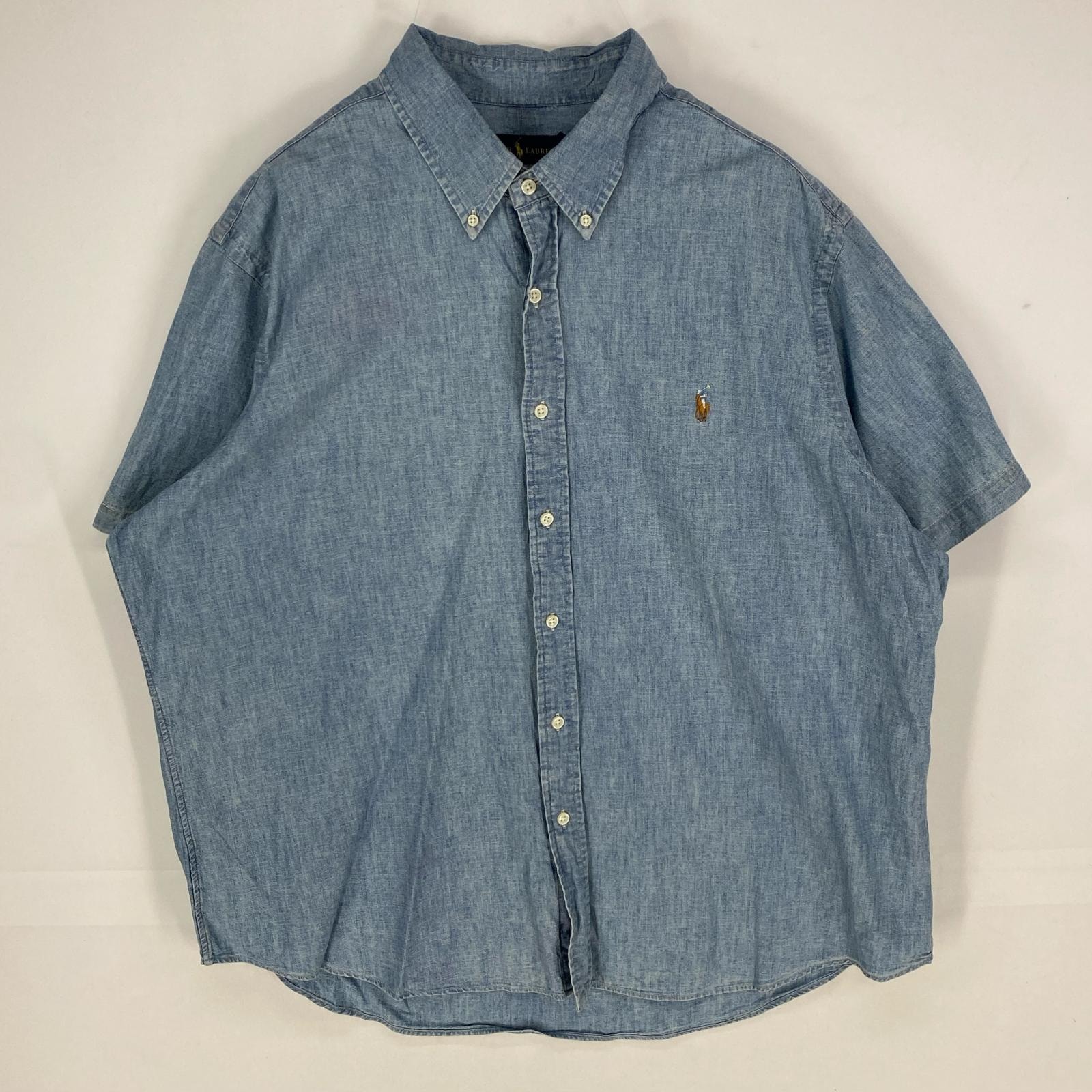 古着 ラルフローレン RALPH LAUREN 半袖シャツ ボタンダウン 刺繍ロゴ ショートスリーブ ワンポイント 2XL ブルー系 メンズ