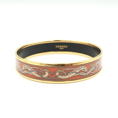 HERMES(エルメス)エマイユ ヴィンテージ バングル ブレスレット 馬 ホースモチーフ オレンジ ゴールド レディース【中古】