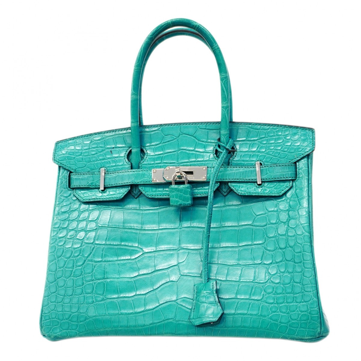 ★SALE【6ca0707-g】エルメス ハンドバッグ バーキン30 アリゲーターマット ブルーパオン シルバー金具 C刻印【中古】レディース