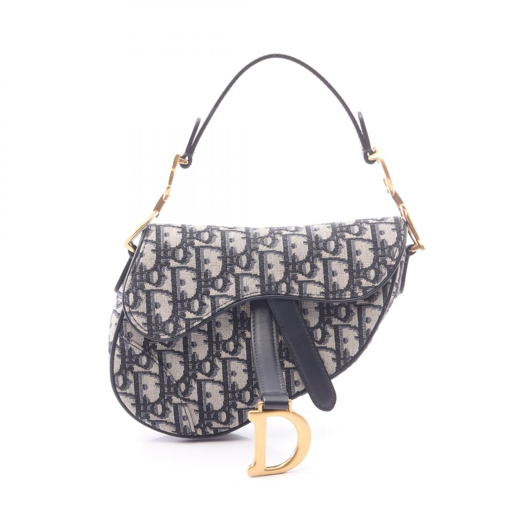 ディオール Dior サドルバッグ ミニ オブリークジャカード ハンドバッグ バッグ キャンバス レザー レディース ネイビー系 / ベージュ系 【中古】
