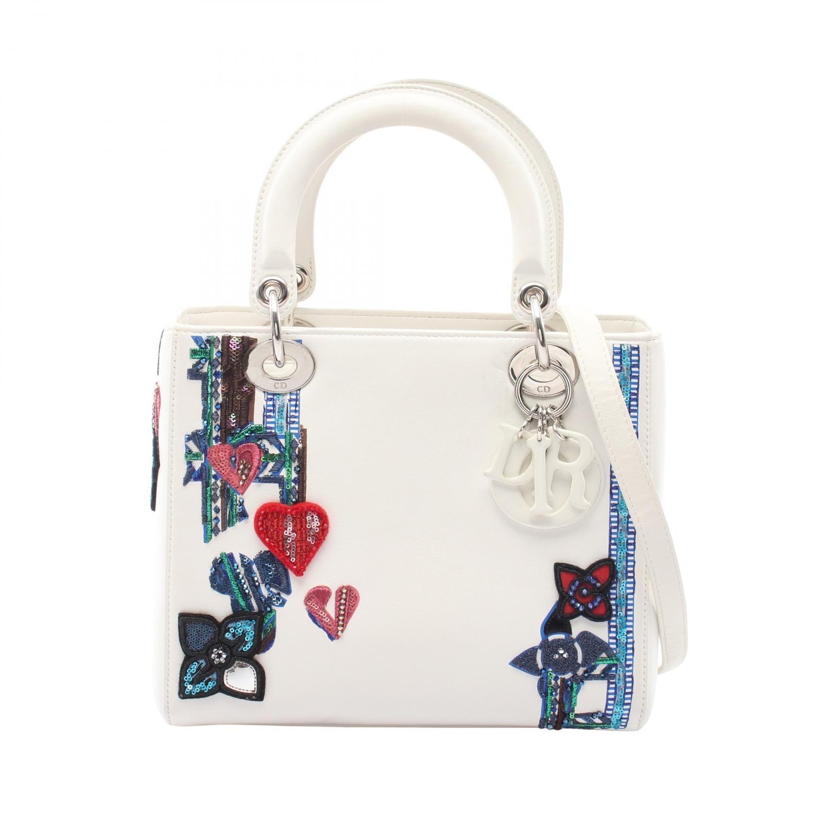 ディオール Dior LADY DIOR レディディオール スパンコール刺繍パッチ 2WAY ハンドバッグ バッグ レザー レディース ホワイト系 / マルチカラー 【中古】
