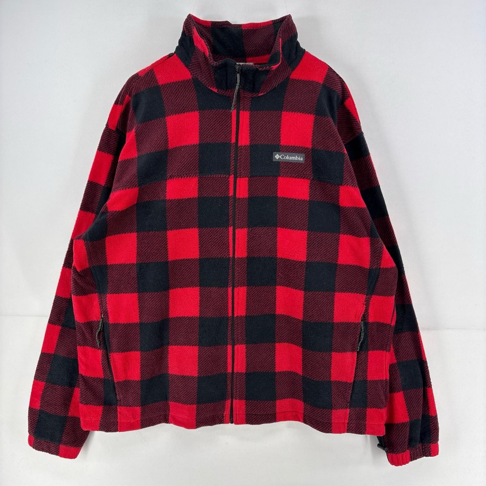 古着 コロンビア Columbia ジャケット フルジップ ワンポイント ロゴ チェック柄 フリース 2XL レッド メンズ