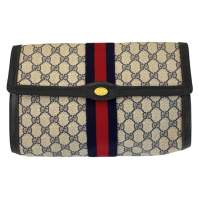 GUCCI グッチ ヴィンテージ シェリーライン グレー ネイビー ゴールド金具 GGスプリームキャンバス レザー/ クラッチバッグ セカンドバッグ 602814 【中古】