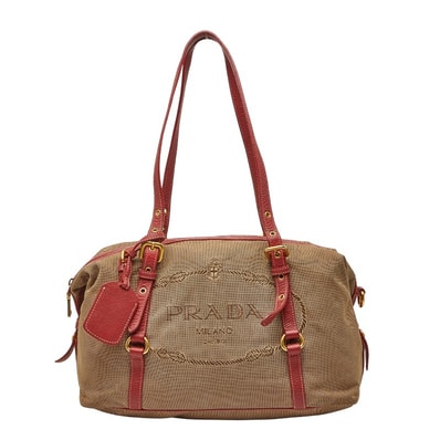 プラダ ロゴジャガード ワンショルダーバッグ ベージュ レッド キャンバス レザー レディース PRADA 【中古】