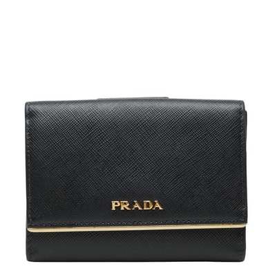 プラダ ロゴ 三つ折り財布 フラップウォレット ブラック サフィアーノレザー レディース PRADA 【中古】