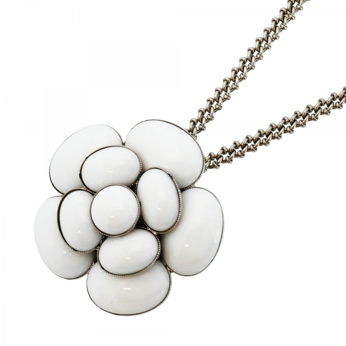 【6jdb0065-k】シャネル ネックレス ヴィンテージ カメリア メタル シルバー ホワイト【中古】レディース