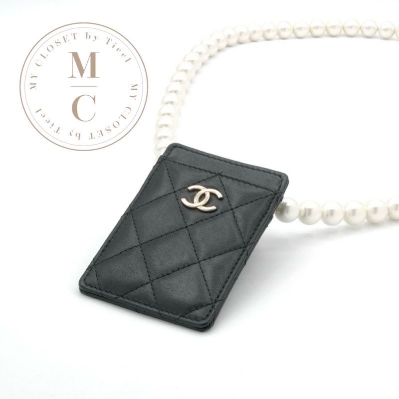 シャネル CHANEL カードケース カード入れ パスケース ブラック ゴールド ココマーク マトラッセ パールチェーン