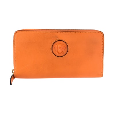 美品 VERSACE ヴェルサーチ メデューサ ラウンドファスナー オレンジ ゴールド金具 レザー 長財布 ロングウォレット 男女兼用 601940 【中古】