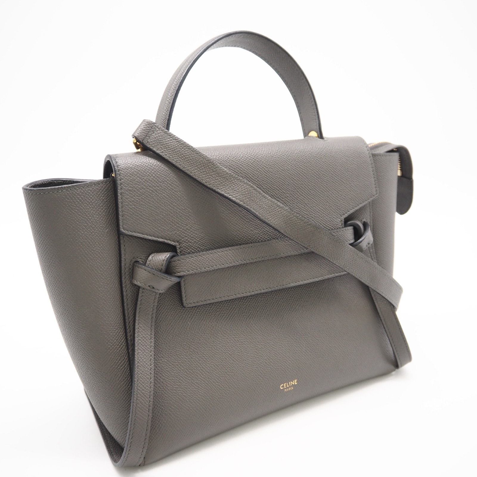 美品 CELINE セリーヌ レザー ベルトバッグマイクロ 189153ZVA.10DC 2wayハンドバッグ グレー グレインカーフレザー レディース