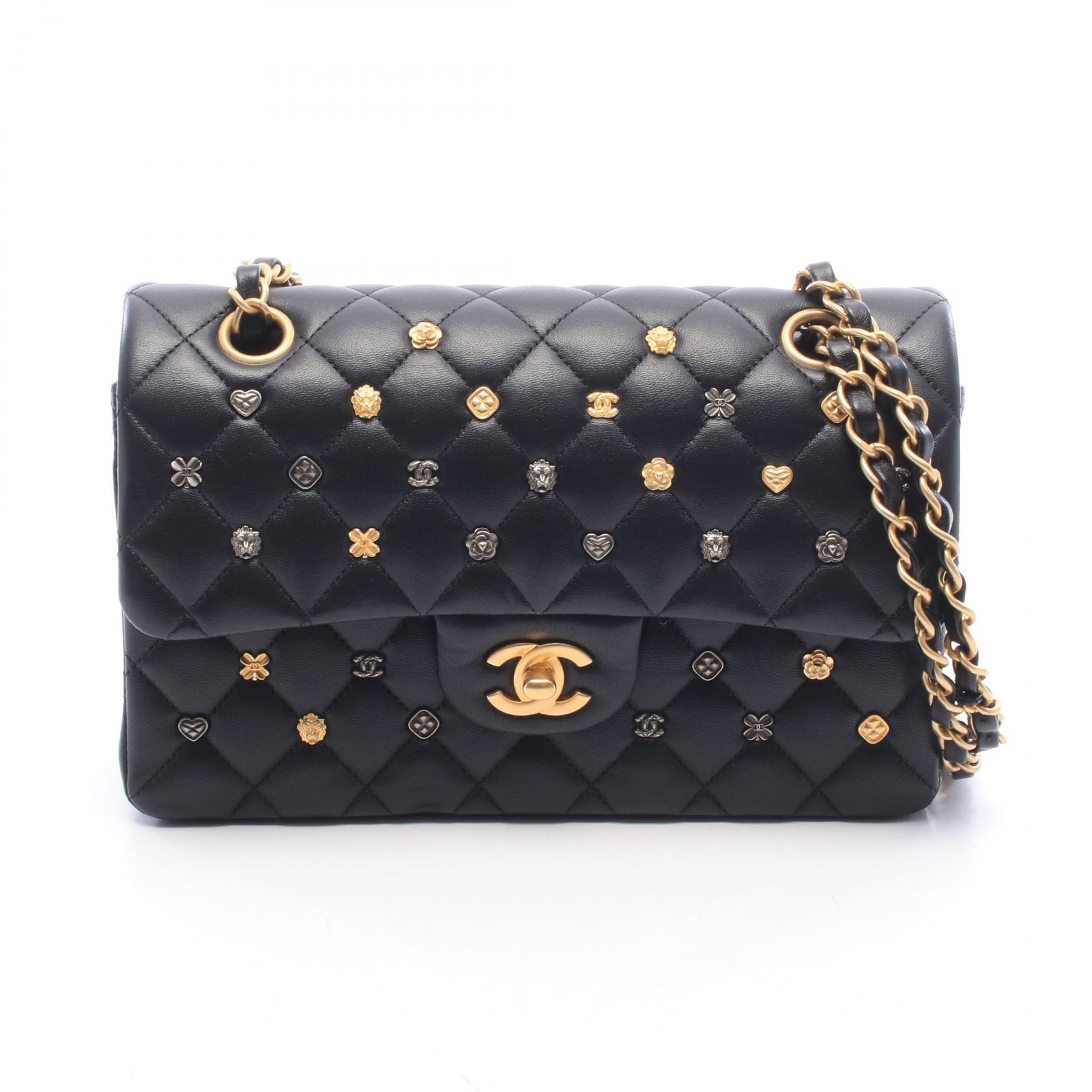 シャネル CHANEL マトラッセ Wフラップ ショルダーバッグ バッグ ラムスキン(羊革) レディース ブラック系 A01113 【中古】