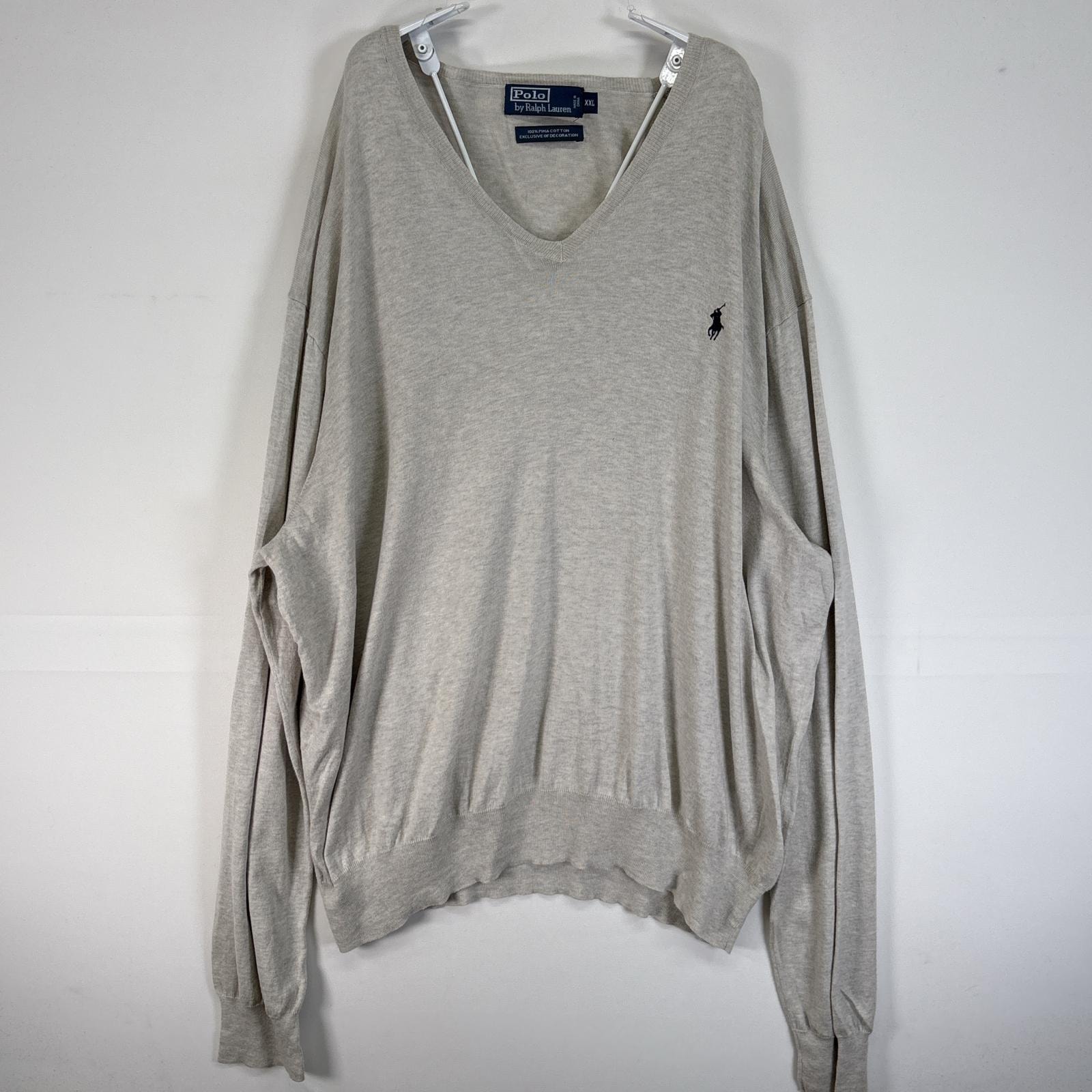 古着 90's/90年代 ポロバイラルフローレン Polo by Ralph Lauren 長袖 ニット ロゴ 刺繍 大きいサイズ 薄手 Vネック 14041  グレー 無地 メンズ