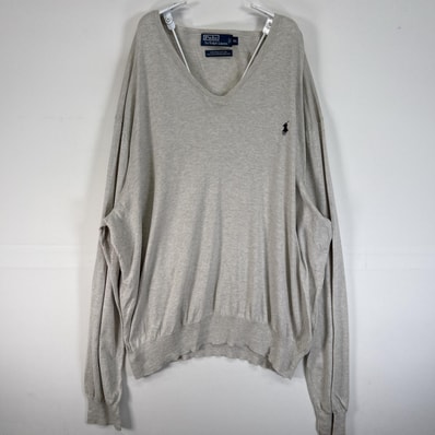 古着 90's/90年代 ポロバイラルフローレン Polo by Ralph Lauren 長袖 ニット ロゴ 刺繍 大きいサイズ 薄手 Vネック 14041 グレー 無地 メンズ